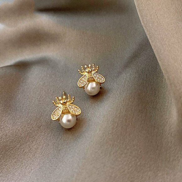 Sterling Silver Dainty Gold Bee Pearl Earrings - Picture 2 of 6